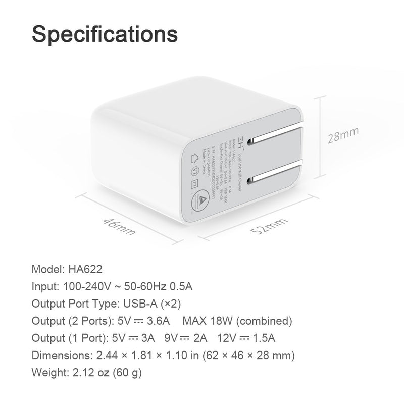 [Australia - AusPower] - ZMI V2 Charger Wall Adapter for iPhone X/XS/XS Max/XR/8/7/6/Plus, iPad, Samsung Galaxy S10/10e/10 Plus/S9/S8/S7/S6/S5/Edge/Edge+, LG, Motorola, Foldable Prong Travel Plug Wall Charger with 2 USB Ports 