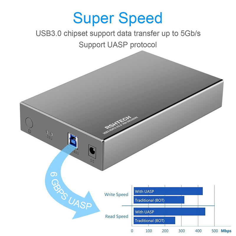 [Australia - AusPower] - Hard Drive Enclosure RSHTECH USB 3.0 to SATA Aluminum External Hard Drive Dock Case for 3.5 inch HDD SSD up to 16TB Drives, Support UASP (RSH-339) USB 3.0 Enclosure 