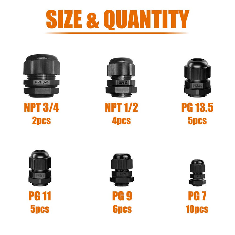 [Australia - AusPower] - ISPINNER 32pcs Nylon Cable Gland Waterproof IP68 Adjustable 3-18mm, NPT 3/4, NPT 1/2, PG13.5, PG11, PG9, PG7 (Black) Black 