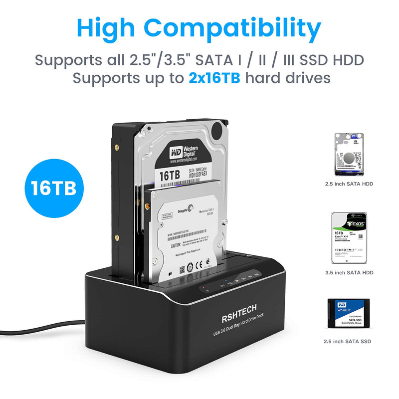 [Australia - AusPower] - Hard Drive Dock, RSHTECH Aluminum USB 3.0 to SATA Dual Bay External Hard Drive Docking Station for 2.5 & 3.5 inch SATA HDD SSD with Offline Clone/Duplicator Function, Support UASP & 2x16TB (RSH-DS01) SATA Dual-Bay Hard Drive Dock 