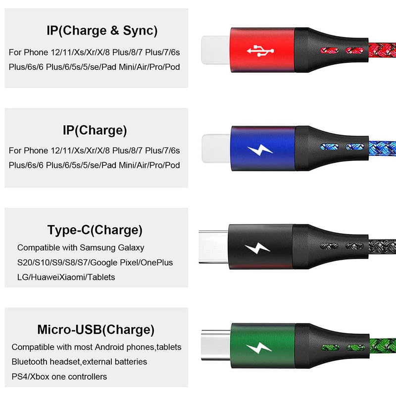 [Australia - AusPower] - YTLUSN 5Ft Multi USB Charging Cable 3.5A, 4-in-1 Charger Cord with IP/Micro USB/Type C Ports Compatible with Phone 12 11 Xs X 8 7 6/Tablets/Samsung Galaxy/Huawei/LG/Google Pixel(2Pack) Black 