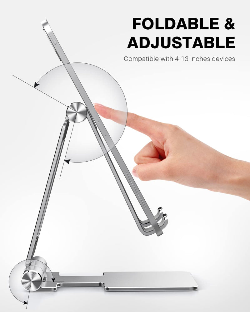 [Australia - AusPower] - Anozer Tablet Stand, Adjustable & Foldable Aluminium iPad Stand, Compatible with 2022 iPad Air 5/4,iPad Mini 6/5,iPad 10.2,iPad Pro 12.9/11, Portable Monitor, Surface Pro,Phones (4-13 inch)-Silver Silver 
