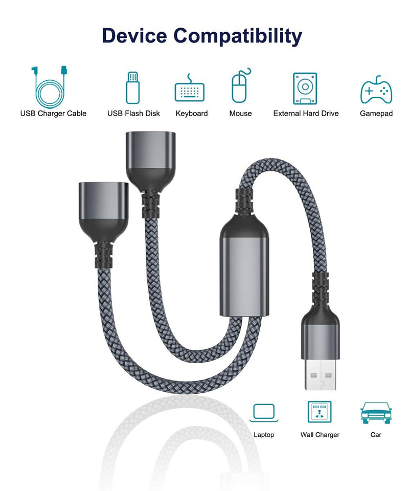 [Australia - AusPower] - USB Splitter Y Cable 1FT (2-Pack),USB A 1 Male to 2 Female Extension Cord Converter,Dual Double USB Port Extender Hub Data Charger Power Split Adapter for Mac,Car,Xbox One Series X/S,PS4,PS5,Laptop Gray 