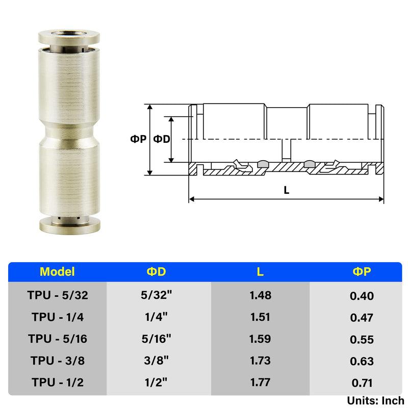 [Australia - AusPower] - TAILONZ PNEUMATIC 1/4 Inch OD Copper Nickel Plating Straight Union Connect air Fittings Quick Connect Push Lock Fittings Pneumatic Fittings Tube connectors PU-1/4 (Pack of 10) 1/4"OD 