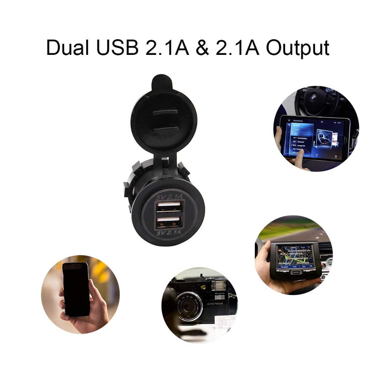 [Australia - AusPower] - Dual USB Charger Socket Waterproof Power Outlet 12V/24V 2.1A & 2.1A for Car Boat Marine RV Mobile Blue LED Black 