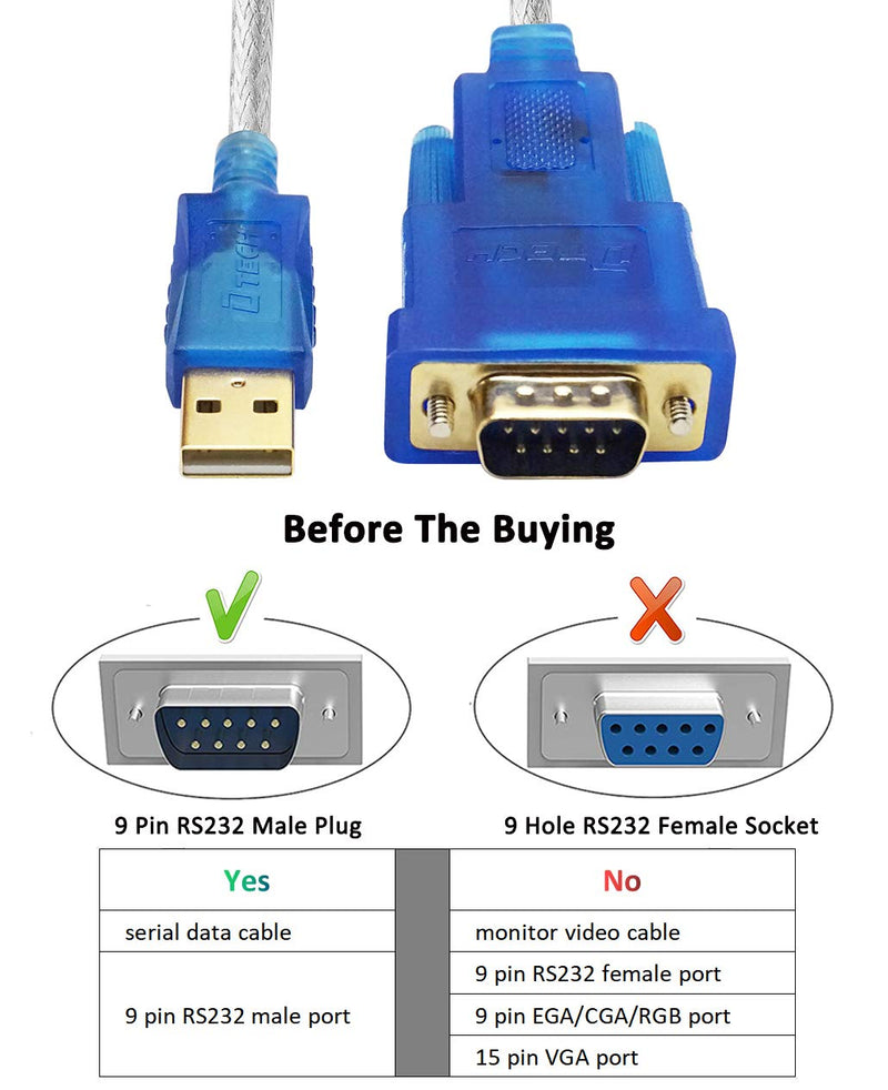 [Australia - AusPower] - DTECH USB to Serial Adapter Cable 16 ft DB9 Male RS232 to USB Cord with FTDI Chip Supports Windows 11 10 8 7 Mac Linux (5m) 16ft USB to DB9 serial male cable 