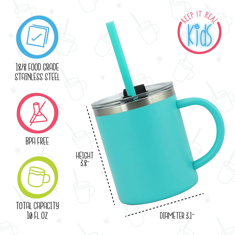[Australia - AusPower] - Kids Mugs for Hot Chocolate - Stainless Steel BPA Free 10 oz Childrens Cup, Small Coffee Style Mugs for Hot Cocoa, Milk, Set of 2 with Handle, Lid and Straw Ocean Blue / Tiffany Blue 