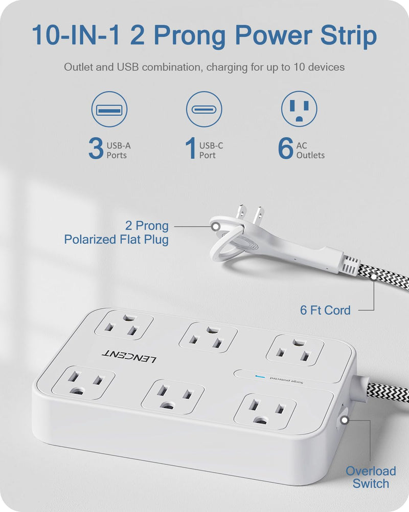 [Australia - AusPower] - LENCENT 2 Prong Power Strip, 3 to 2 Prong Outlet Adapter, Two Prong Surge Protector, 6ft Braided Extension Cord with Thin Flat Polarized Plug, 6 AC&4 USB(1 Type-C), Wall Mount for Non-Grounded Outlet 
