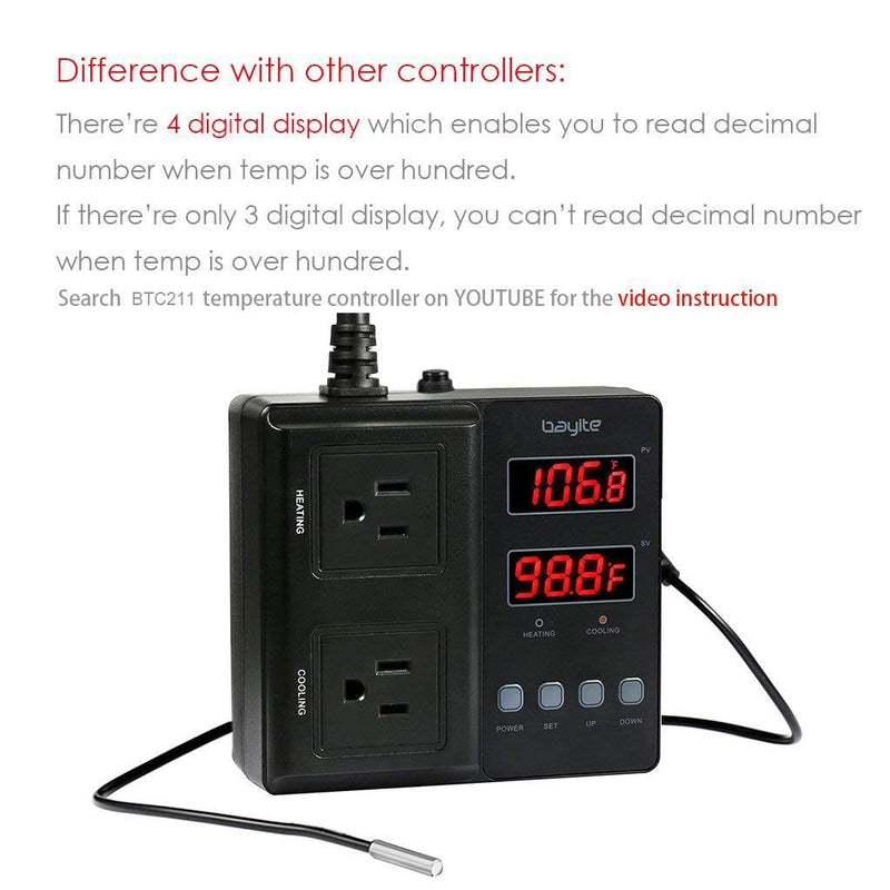 [Australia - AusPower] - bayite Temperature Controller 1650W 15A BTC211 Dual Digital Outlet Thermostat Plug, Pre-Wired, 2 Stage Heating and Cooling Mode, 110V - 240V, Fermentation BBQ Reptile Aquarium 