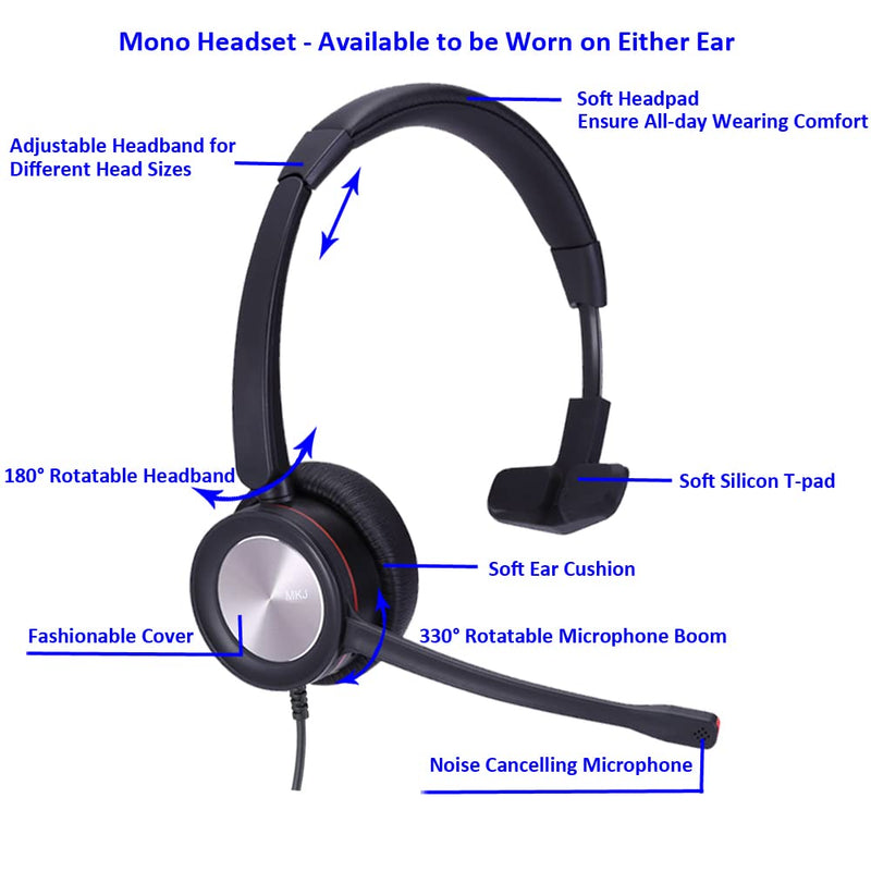 [Australia - AusPower] - MKJ 3.5mm Headset with Noise Cancelling Microphone for Cell Phones Corded Single Ear Telephone Headset 3.5mm with Volume Control for Smartphones Laptops Tablets PC Mobile Phones Online Learning 