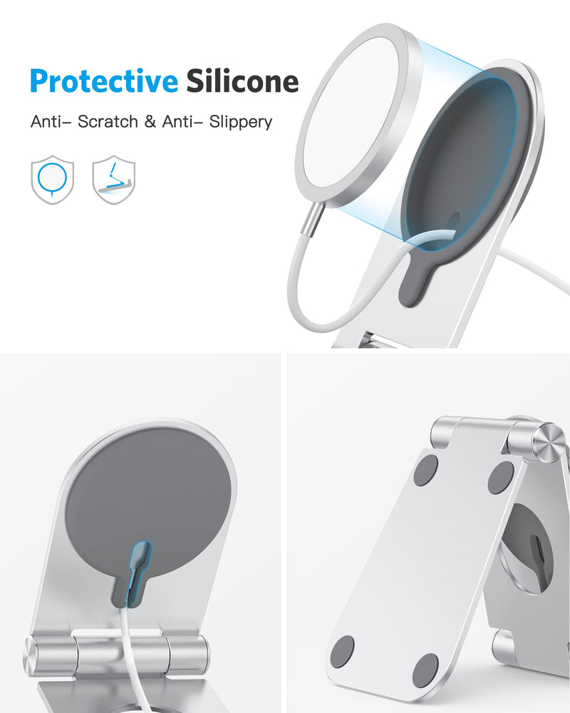 [Australia - AusPower] - Stand for MagSafe Charger, OMOTON Foldable Phone Stand Holder for MagSafe Charger, Magsafe Accessories Designed for iPhone 13/12 Pro Max / Pro / Mini, MagSafe Charger Not Included, Silver 