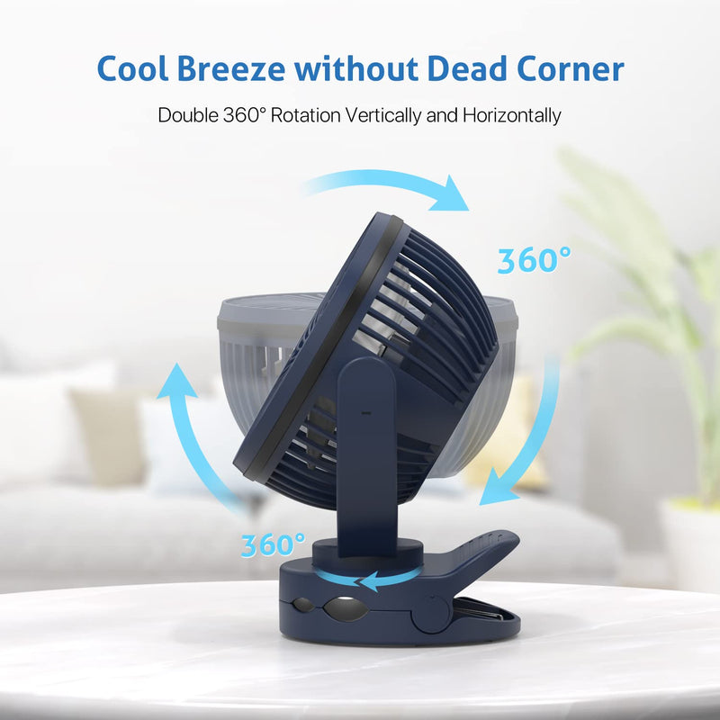 [Australia - AusPower] - SooPii 3in1 Battery Operated USB Desk Fan with LED Light, Rechargeable 5000mAh Camping Fan with Hanging Hook for Tent, 4 Speeds Personal Fan, 360° Double Rotation Portable Clip Fan Blue 5000mAh Rechargeable Fan-Blue 