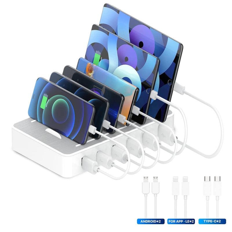 [Australia - AusPower] - Charging Station for Multiple Devices, 6 USB Fast Ports and 6 Mixed USB Cables Included, for iPhones, Airpods,Mini iPads, and Other Electronics, White 