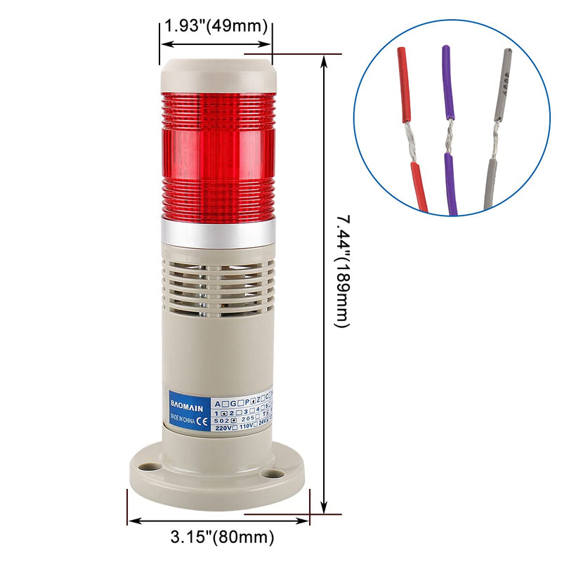 [Australia - AusPower] - Baomain Alarm Warning Light 24V DC Industrial Buzzer Continuous Red LED Signal Tower 