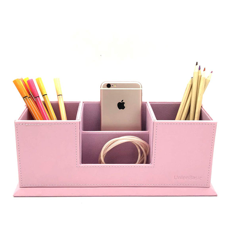 [Australia - AusPower] - UnionBasic 4 Compartment Desk Organizer - Dual Pen Holder - Card/Pen/Pencil/Mobile Phone Office Supplies Holder (Pink) Pink 