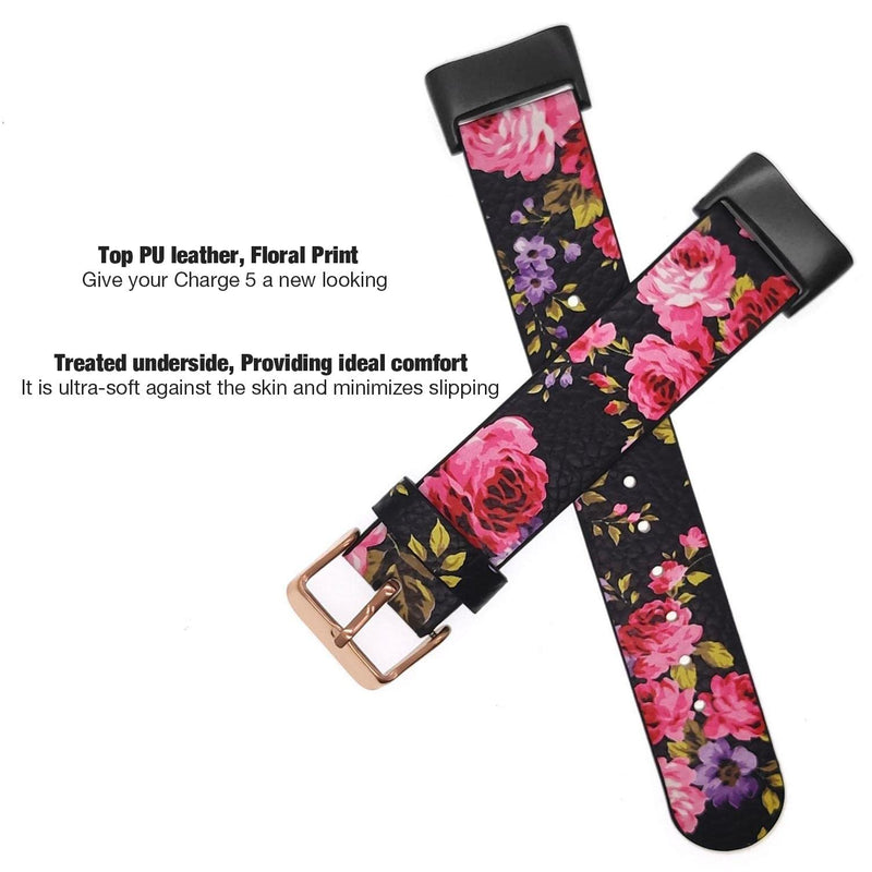 [Australia - AusPower] - Abanen Leather Bands for Fitbit Charge 5, Floral Print Soft Leather Women Wristband Strap with Stainless Steel Quick Release Compatible with Fitbit Charge 5 Black 