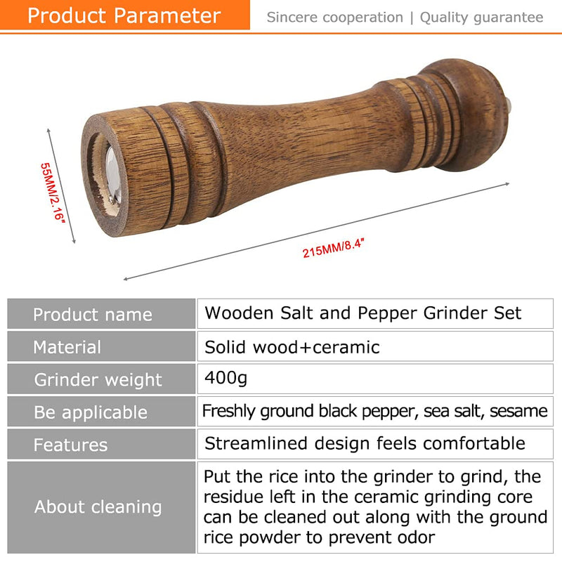 [Australia - AusPower] - KOBSAINF Wooden Salt and Pepper Grinder, 8 Inch Manual Mills Salt Grinder with Adjustable Ceramic Rotor Pepper Mill with Ceramic Core(2 PCS) 