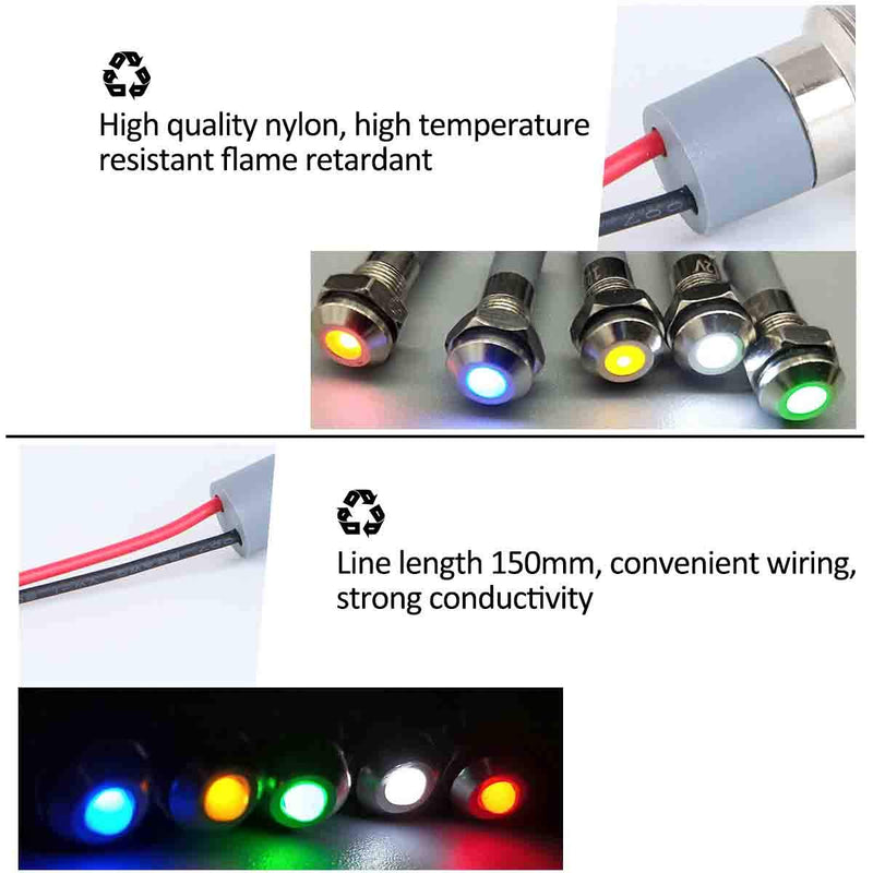 [Australia - AusPower] - FICBOX 5pcs LED Metal Indicator Light 6mm 1/4" 12V Waterproof Signal Lamp Power Work Light for Pilot Dash Car Truck Boat (6MM, 4-Green) 