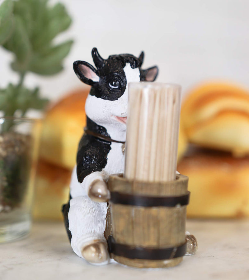 [Australia - AusPower] - Ebros Country Farm Bovine Cow With Bell Collar Holding A Wooden Barrel Decorative Toothpick Holder Statue With Toothpicks 4"Tall Starter Kit Cattle Animal Figurine Collectible Kitchen Decor 