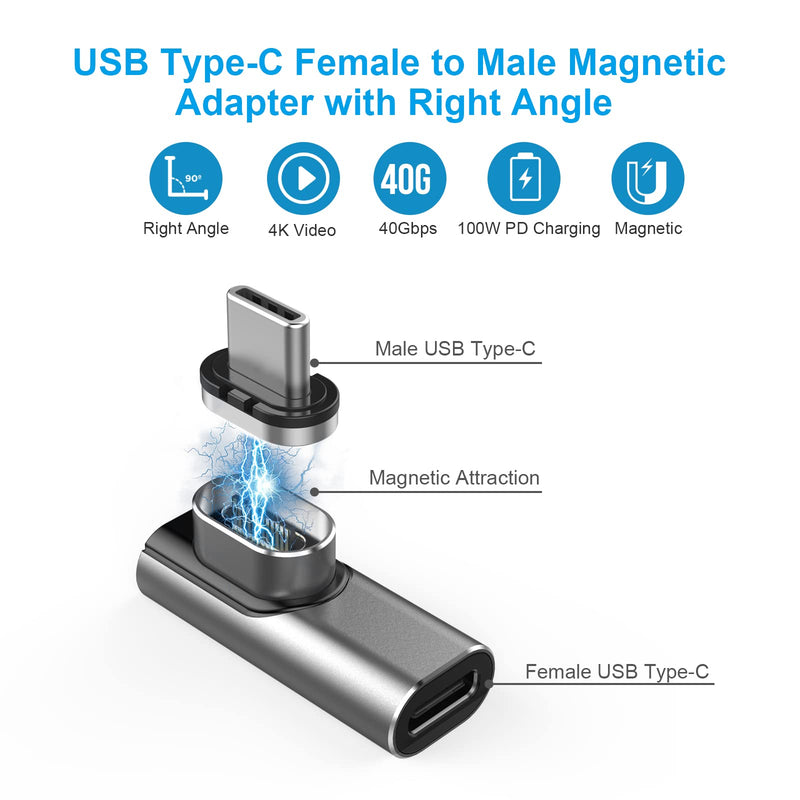 [Australia - AusPower] - USB C Magnetic 90 Degree 24-Pin Adapter Connector Male to Female Support PD 100W Quick Charge, 40Gbps Data Transfer and 4K@60 Hz Video Output Compatible with All USB Type-C Devices. (Deep Grey) 