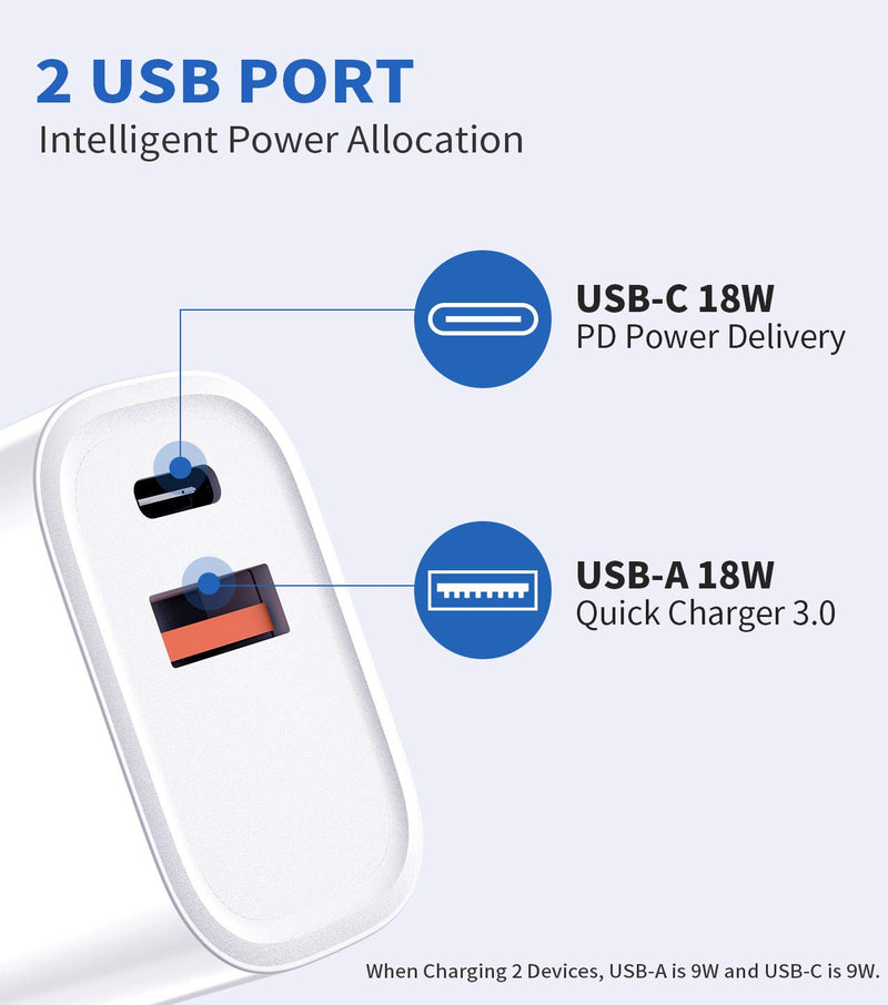 [Australia - AusPower] - USB C Charger, [2 Pack] KOSENEC 18W Dual Port Fast Charger, PD Power Delivery Block & Quick Charge 3.0 Power Adapter Wall Charger for iPhone 12/11 Pro Max/SE/XR/X/8, iPad, AirPods, Samsung, Pixel, LG 