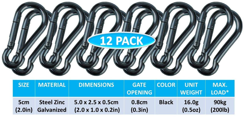 [Australia - AusPower] - Branded Boards Black & Silver Heavy Duty Bushcraft Zinc-Galvanized Steel Carabiner Spring Snap Clip Link Hooks. 200-400lb Load. 6 Packs, 12 Packs and Variety Packs. 