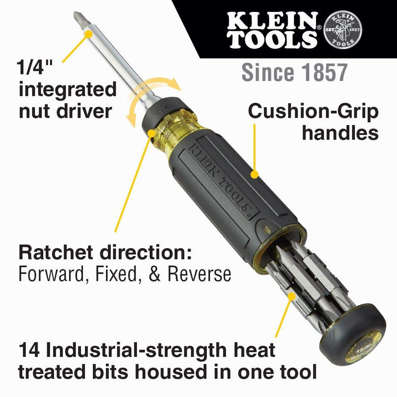 [Australia - AusPower] - Klein Tools 32305 Multi-bit Ratcheting Screwdriver, 15-in-1 Tool with Phillips, Slotted, Square, Torx and Combo Bits and 1/4-Inch Nut Driver 