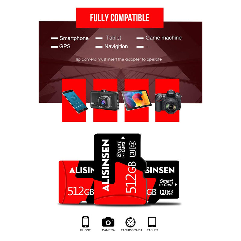 [Australia - AusPower] - Micro SD Card 512GB Memory Card 512GB Class 10 TF Card with a Card Adapter for Smart-Phone/Bluetooth Speaker/Tablet/PC/Camera 