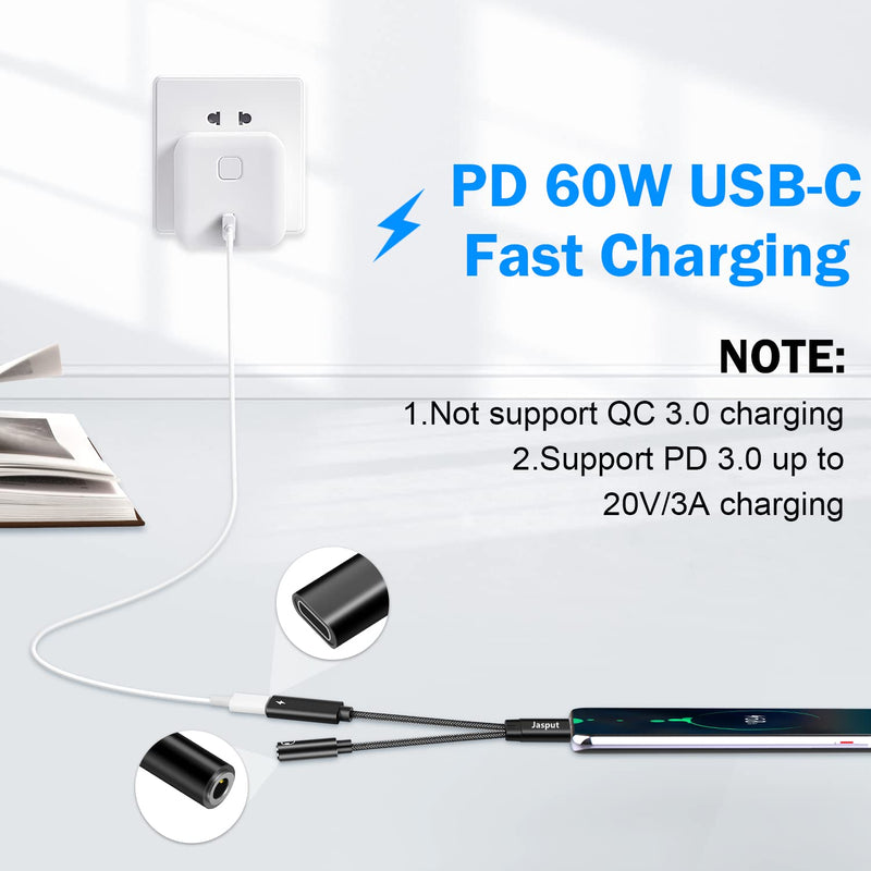 [Australia - AusPower] - USB C to 3.5mm Audio Adapter and Charger,2-in-1 USB C to Aux Audio Jack with PD 60W Fast Charging,USB C Headphone Jack Adapter Compatible with Galaxy S21 S20 S20+ Plus Note 20,Pixel 4 3 2 XL Black 