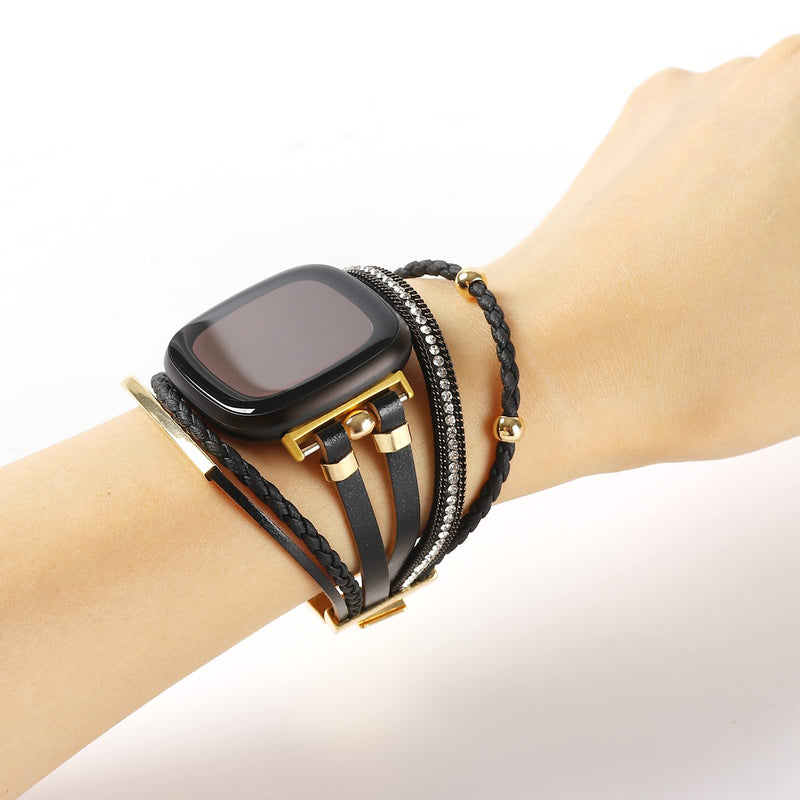 [Australia - AusPower] - Posh Leather Bands Compatible with Fitbit Versa 3/Fitbit Sense, Women Boho Stylish Multilayer Wrap Bracelets Wristband, Handmade Adjustable Jewelry Strap for Sense/Versa 3 Smart Watch Black 