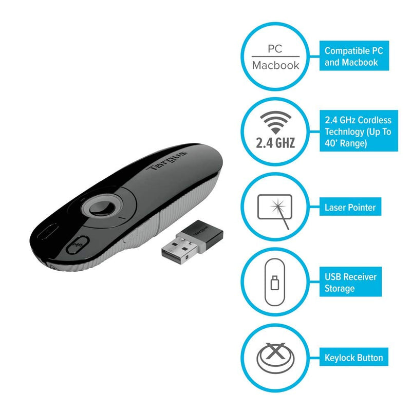 [Australia - AusPower] - Targus Laser Presentation Remote with Key Lock Technology to Lock Non-Essential Buttons, Includes Mini USB Receiver, 50-Foot Range (AMP13US), Black with gray 