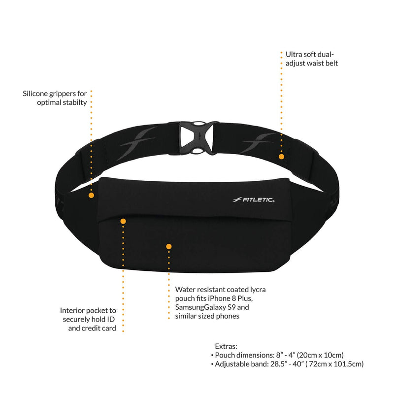 [Australia - AusPower] - Fitletic Zipless Running Belt, Waist Pack for Women & Men Easy-Access Travel Pouch Workout Bag with Grippers No-Bounce Sport Fanny Pack Phone Holder for iPhone 13, 12 Pro Max, Galaxy S21, Pixel 6 Black 