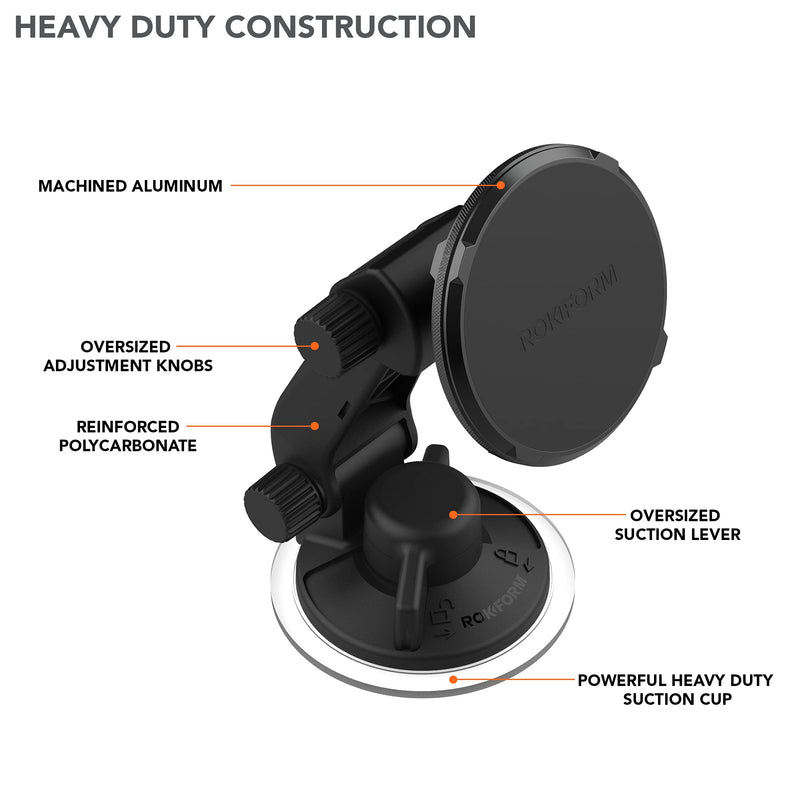 [Australia - AusPower] - Rokform - Adjustable Magnetic Windshield Phone Mount, Compatible with All Rokform Cases and MagSafe Phones Cases, Secured by Strong Suction Cup Base, 210° of Tilt and 360° of Rotation (Black) 