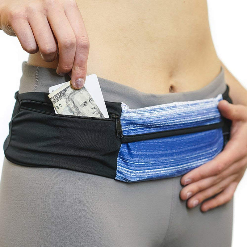 [Australia - AusPower] - Sprigs 3 Pocket Adjustable Running Belt Waist Pack, Fanny Pack for Working Out with Sweat Resistant Backing, Holds All iPhone Models Navy Blitz/Black Small/Medium 