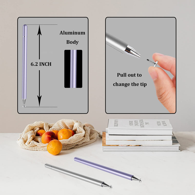 [Australia - AusPower] - Stylus Pen for iPad, LUNTAK Stylus Pens for Apple/iPhone/Ipad pro/Mini/Air/Android/Microsoft/Surface All Capacitive Touch Screens Universal with 4 Replacement Tips (2 Pcs, Purple and Silver) 