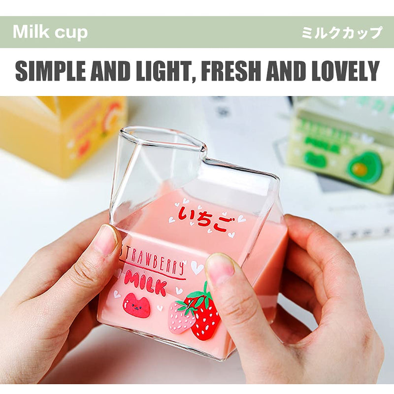 [Australia - AusPower] - Blsky Kawaii Glass Milk Carton Cup Microwavable 12 Oz Cute Milk Cups Mini Creamer Container Strawberry Square Breakfast Mug Glass Creamer Pitcher with Gift Box (Strawberry) 