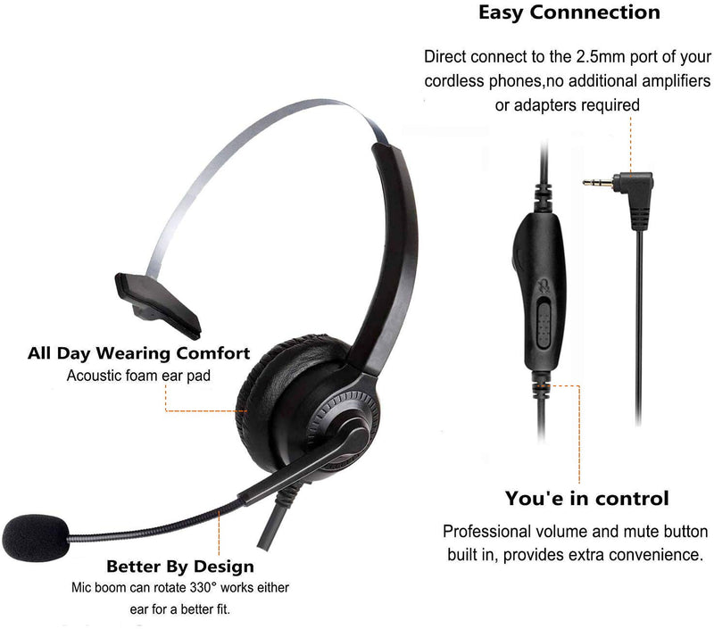 [Australia - AusPower] - Cosyplus 2.5mm Telephone Headset Monaural with Noise Cancelling Microphone for DECT AT&T ML17929 Vtech Panasonic KX-T7630 Polycom Clarity XLC3.4 Office IP and Cordless Dect Phones（T10） 