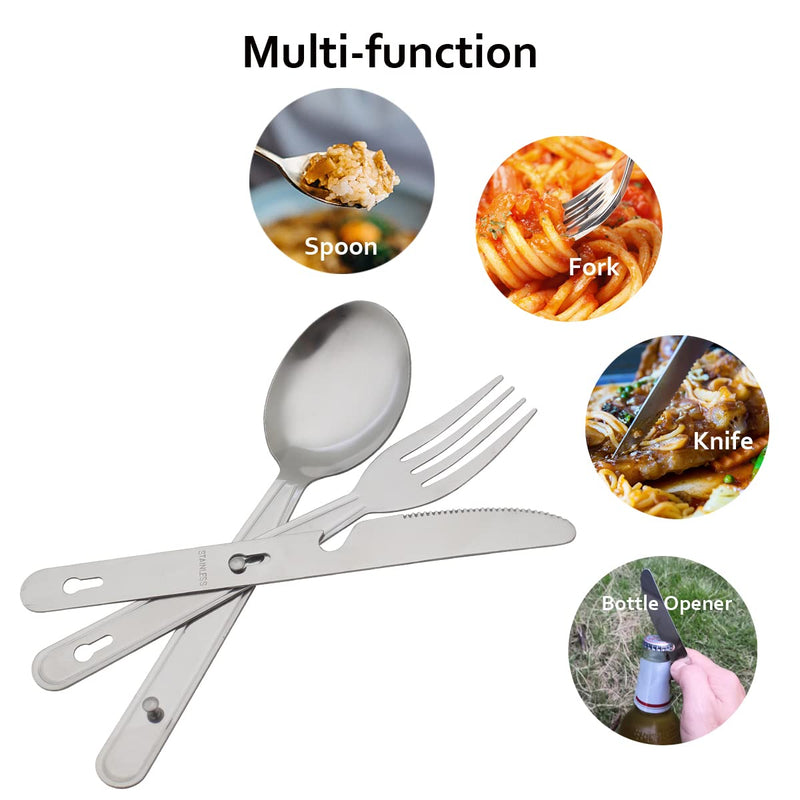 [Australia - AusPower] - 4-in-1 Camping Utensils Hiking Cutlery Set for 4, Portable Stainless Steel Flatware Spoon Fork, Knife & Bottle Opener Combo pack for Picnic Travel/Barbecue/Backpack Outdoor Gear with Carrying Bag 