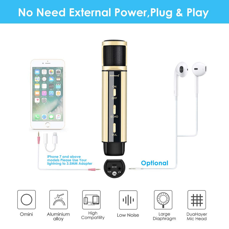 [Australia - AusPower] - Studio Recording Microphone, ZealSound Condenser Broadcast Microphone w/Stand Built-in Sound Card Echo Recording Karaoke Singing for Phone Computer PC Garageband Smule Live Stream & YouTube (Gold) Gold 