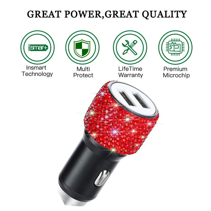 [Australia - AusPower] - Dual USB Car Charger,SAVORI Car Adapter Bling Bling Rhinestones Crystal Car Decorations for Fast Charging Car Decors for iPhone Xs Max X Plus, iPad Pro/Mini, Samsung Red 