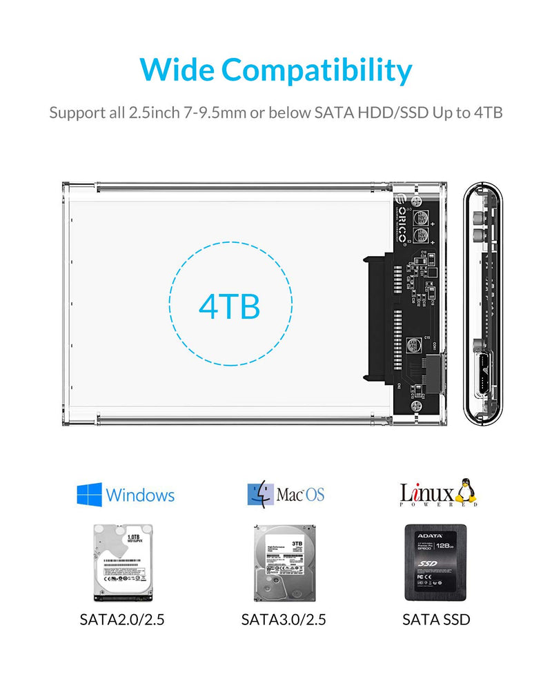 [Australia - AusPower] - ORICO 2.5'' USB 3.0 External Hard Drive Enclosure USB3.0 to SATA Portable Clear Hard Disk Case for 2.5 inch 7mm 9.5mm SATA HDD SSD Max 4TB Support UASP and Tool-Free(2139U3) 