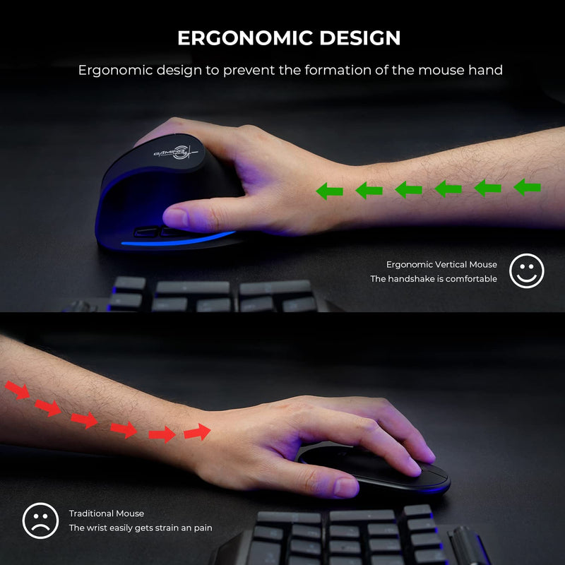 [Australia - AusPower] - ECHTPower Rechargeable Ergonomic Mouse, 2.4G Wireless Vertical Mouse-Reduce Wrist Pain, 3 Adjustable DPI 2400/1600/1000, 6 Button, LED Wireless Mouse for Laptop, Computer, Desktop, Windows, Mac OS 