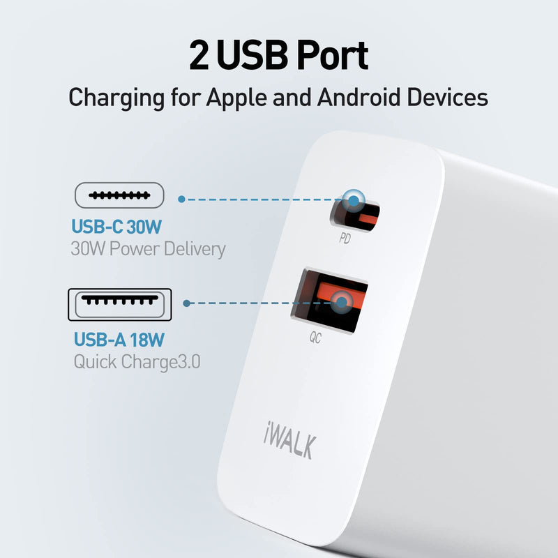 [Australia - AusPower] - iWALK USB C Fast Charging Block 30W, USB C and USB A Charger Block, QC3.0 Foldable USB C Wall Plug Compatible with iPhone SE/13/13 Pro/13 Pro Max/12/12 Pro/12 Pro Max/11/11 Pro, Samsung Galaxy 