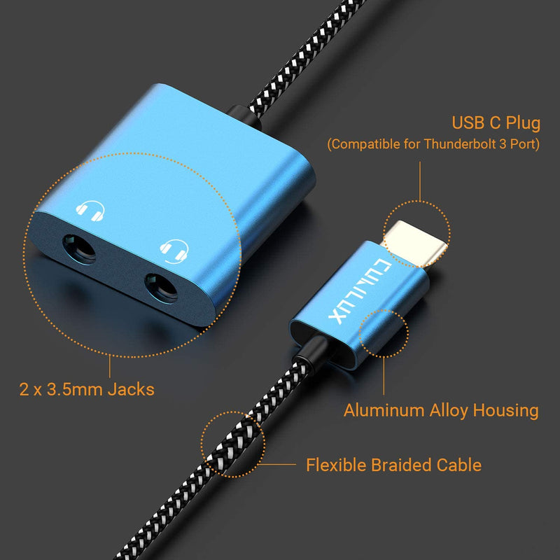 [Australia - AusPower] - USB C Dual Headphones Adapter, Cubilux Type C to 2-Way 3.5mm Audio AUX Splitter, Compatible with 2020/2018 iPad Pro/Air 4th, Samsung S21 Ultra S20 FE Note 20/10, Pixel 5 4 3 XL, OnePlus 8T 7 Pro More 2-Way, USB C 2-Way, USB C, Blue 