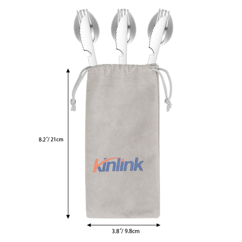 [Australia - AusPower] - KINLINK 4-in-1 Camping Utensils 3-Pack, Portable Stainless Steel Spoon, Fork, Knife & Bottle Opener Combo Set, Travel/Camping/Hiking/Picnic/Barbecue/Outdoor Backpacking Utensils with Carrying Bag 