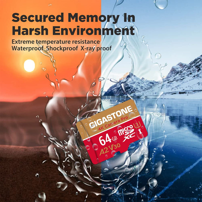 [Australia - AusPower] - Gigastone 64GB 2-Pack Micro SD Card, 4K Camera Pro for GoPro, Security Camera, Wyze, DJI, R/W up to 95/35MB/s MicroSDXC Memory Card UHS-I U3 A2 V30 