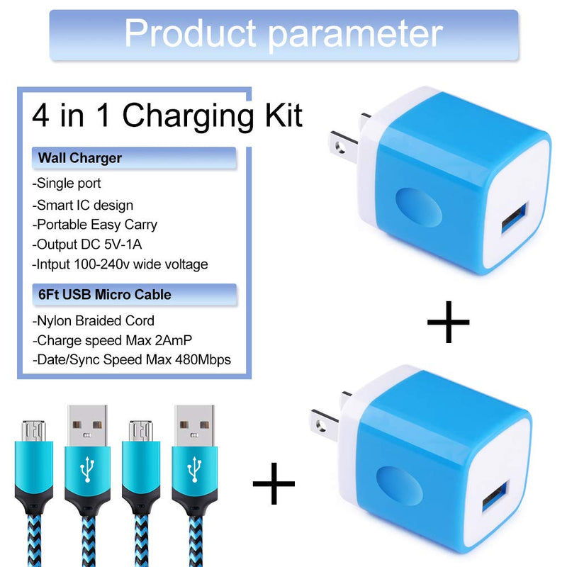 [Australia - AusPower] - Android Phone Charger Micro Cable Set,4pack Wall Plug 1A/5V Power Adapter with 6ft Nylon Braided Fast Charging Micro USB Cord Compatible Samsung Galaxy S7 S6 Edge S4 Note 5,Moto G5 Plus E4 G6 Play,HTC N(4in1 Blue) 