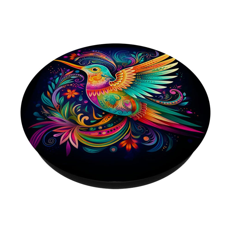 [Australia - AusPower] - Floral Hummingbird Folk Art Ornamental Motifs Hummingbird PopSockets Swappable PopGrip Black 