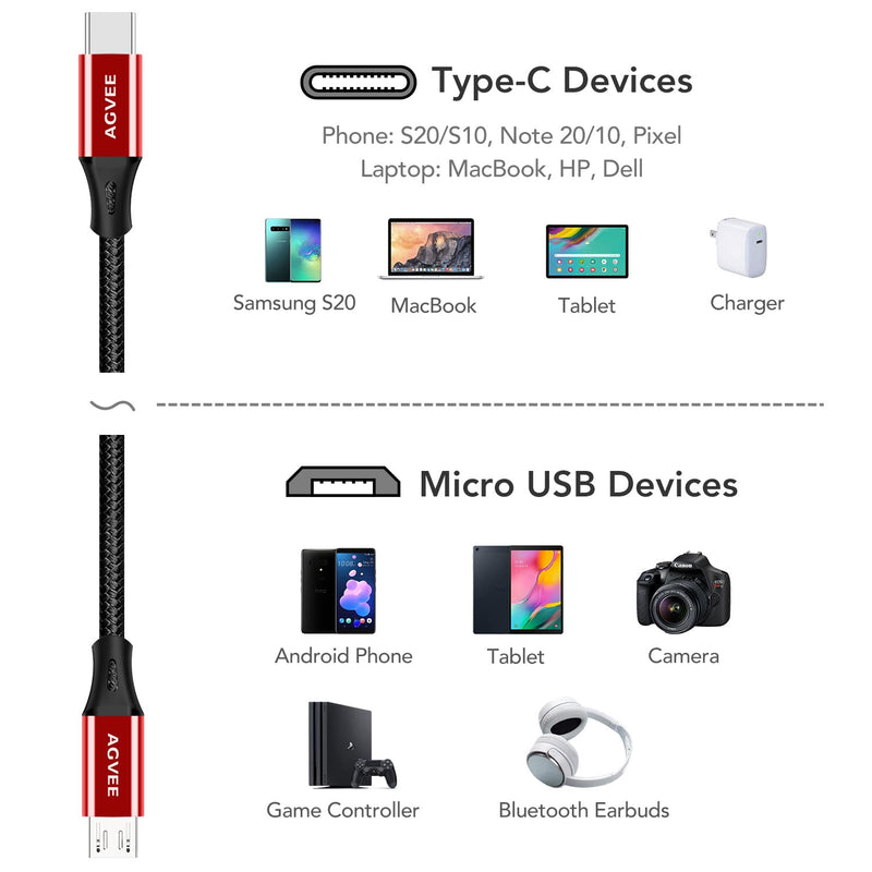 [Australia - AusPower] - AGVEE [2 Pack 6ft] USB-C OTG to Micro USB Cable, Braided Charger Data Sync Cord Charging Wire Adapter for Samsung Galaxy S7 S6, J7, J3, PS4, Kindle, PS4 Xbox Controller, Android Phone, Red and Black 