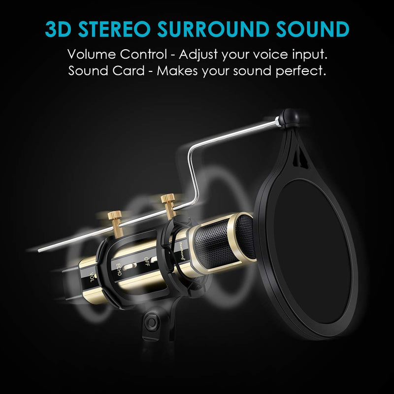 [Australia - AusPower] - Studio Recording Microphone, ZealSound Condenser Broadcast Microphone w/Stand Built-in Sound Card Echo Recording Karaoke Singing for Phone Computer PC Garageband Smule Live Stream & YouTube (Gold) Gold 